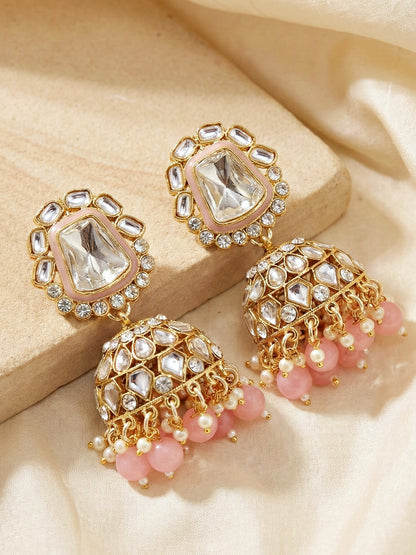 18 KT Gold Plated Pink Kundan Bridal & Semi-Bridal Necklace Set with Earrings, Maang Tikka & Nath (2476-M8SK-1101-PK)