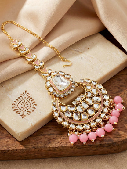 18 KT Gold Plated Pink Kundan Bridal & Semi-Bridal Necklace Set with Earrings, Maang Tikka & Nath (2476-M8SK-1101-PK)