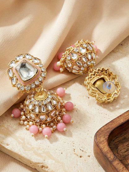 18 KT Gold Plated Pink Kundan Bridal & Semi-Bridal Necklace Set with Earrings, Maang Tikka & Nath (2476-M8SK-1101-PK)