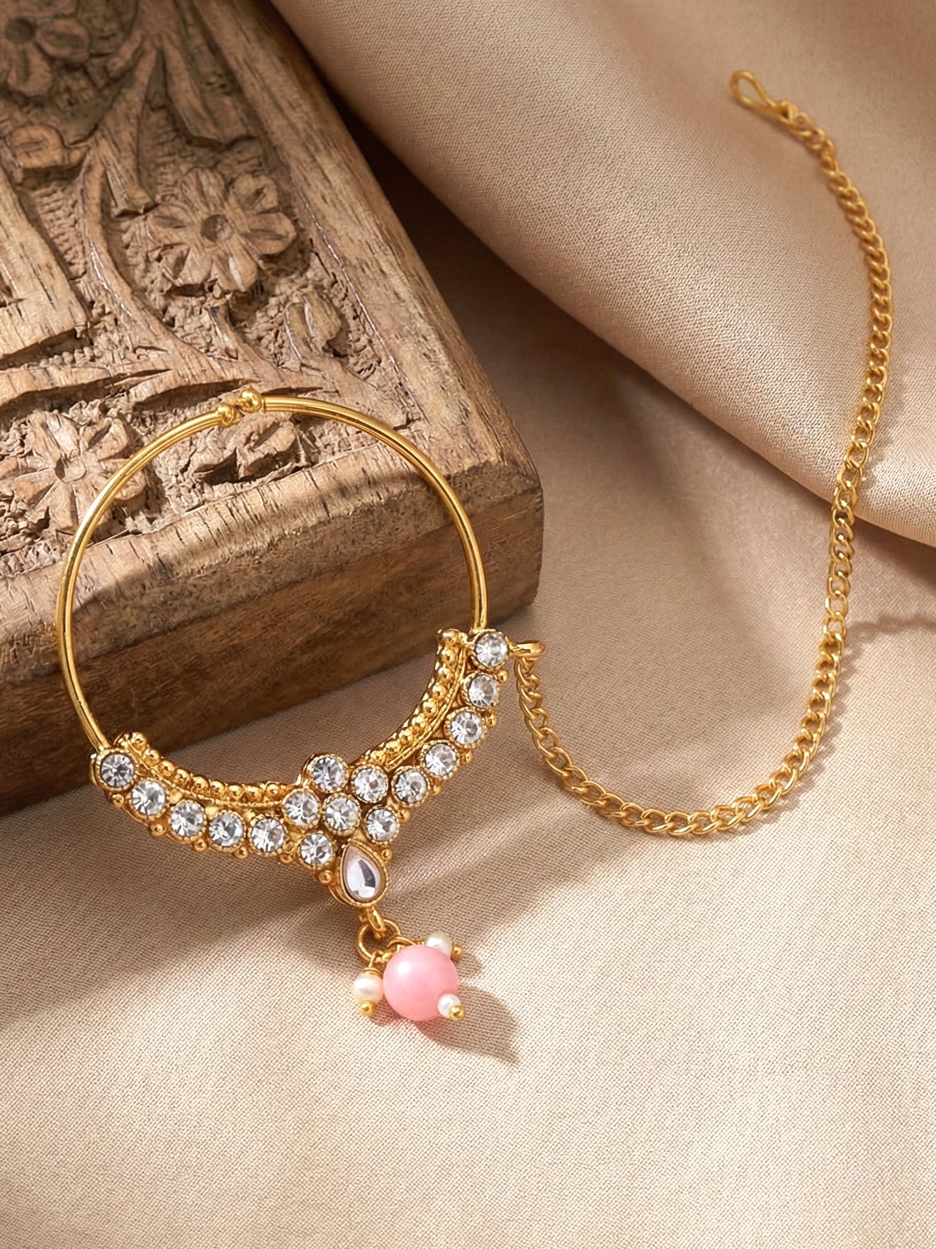 18 KT Gold Plated Pink Kundan Bridal & Semi-Bridal Necklace Set with Earrings, Maang Tikka & Nath (2476-M8SK-1101-PK)