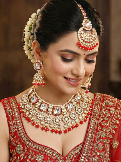 18 KT Gold Plated Red Kundan Bridal & Semi-Bridal Necklace Set with Earrings, Maang Tikka & Nath (2476-M8SK-1101-RED)