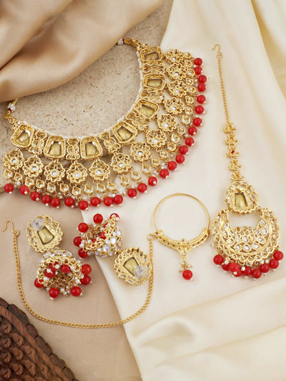 18 KT Gold Plated Red Kundan Bridal & Semi-Bridal Necklace Set with Earrings, Maang Tikka & Nath (2476-M8SK-1101-RED)