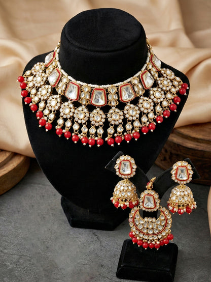 18 KT Gold Plated Red Kundan Bridal & Semi-Bridal Necklace Set with Earrings, Maang Tikka & Nath (2476-M8SK-1101-RED)