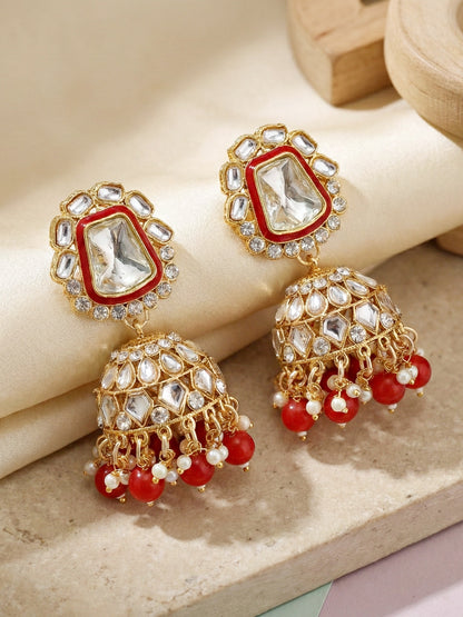 18 KT Gold Plated Red Kundan Bridal & Semi-Bridal Necklace Set with Earrings, Maang Tikka & Nath (2476-M8SK-1101-RED)