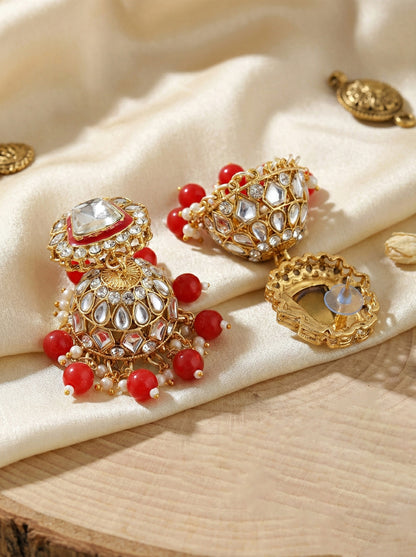 18 KT Gold Plated Red Kundan Bridal & Semi-Bridal Necklace Set with Earrings, Maang Tikka & Nath (2476-M8SK-1101-RED)