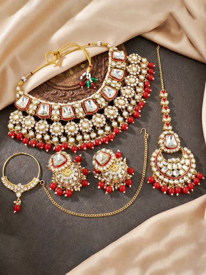 18 KT Gold Plated Red Kundan Bridal & Semi-Bridal Necklace Set with Earrings, Maang Tikka & Nath (2476-M8SK-1101-RED)