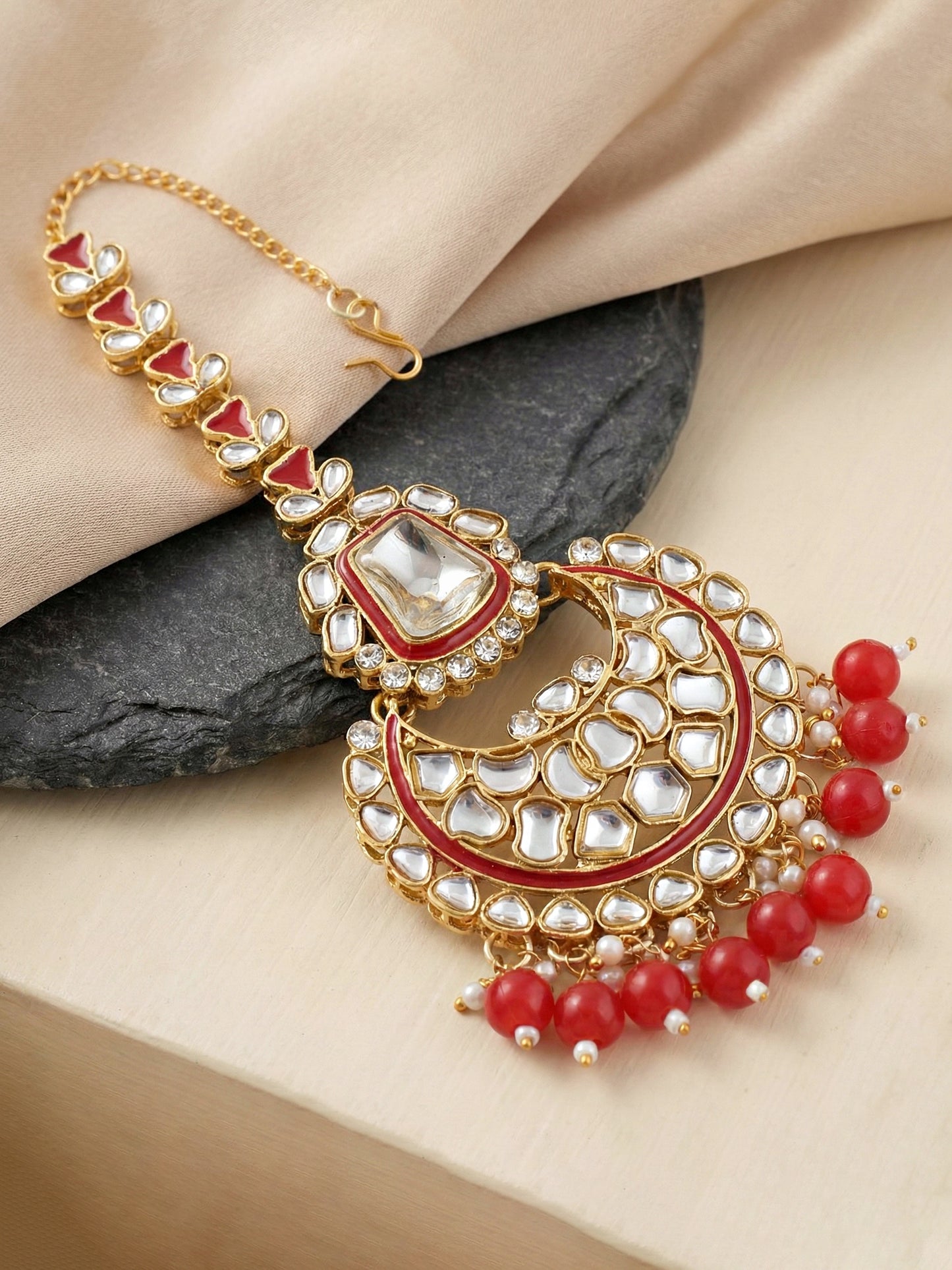 18 KT Gold Plated Red Kundan Bridal & Semi-Bridal Necklace Set with Earrings, Maang Tikka & Nath (2476-M8SK-1101-RED)