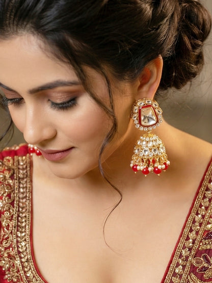 18 KT Gold Plated Red Kundan Bridal & Semi-Bridal Necklace Set with Earrings, Maang Tikka & Nath (2476-M8SK-1101-RED)