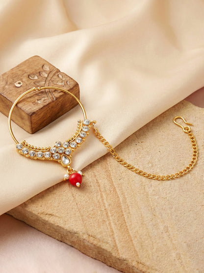 18 KT Gold Plated Red Kundan Bridal & Semi-Bridal Necklace Set with Earrings, Maang Tikka & Nath (2476-M8SK-1101-RED)
