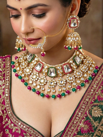18 KT Gold Plated Magenta Green Kundan Bridal & Semi-Bridal Necklace Set with Earrings, Maang Tikka & Nath (2476-M8SK-1101-RG)
