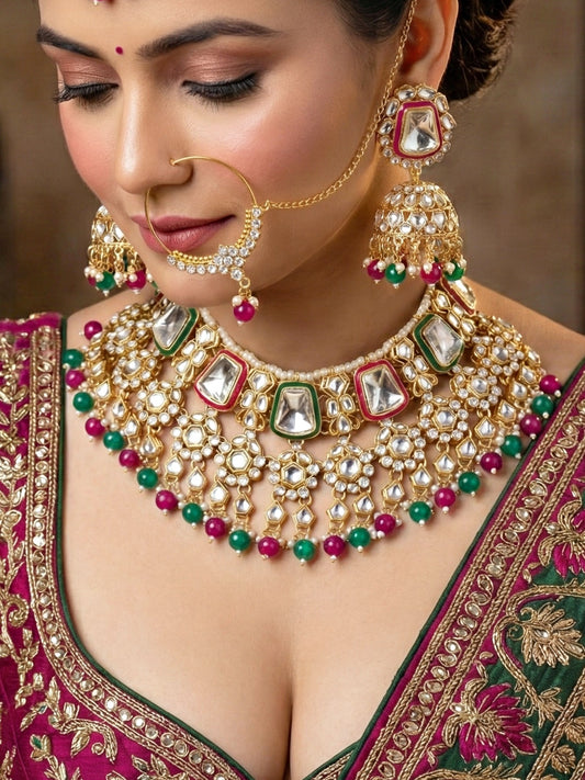 18 KT Gold Plated Magenta Green Kundan Bridal & Semi-Bridal Necklace Set with Earrings, Maang Tikka & Nath (2476-M8SK-1101-RG)