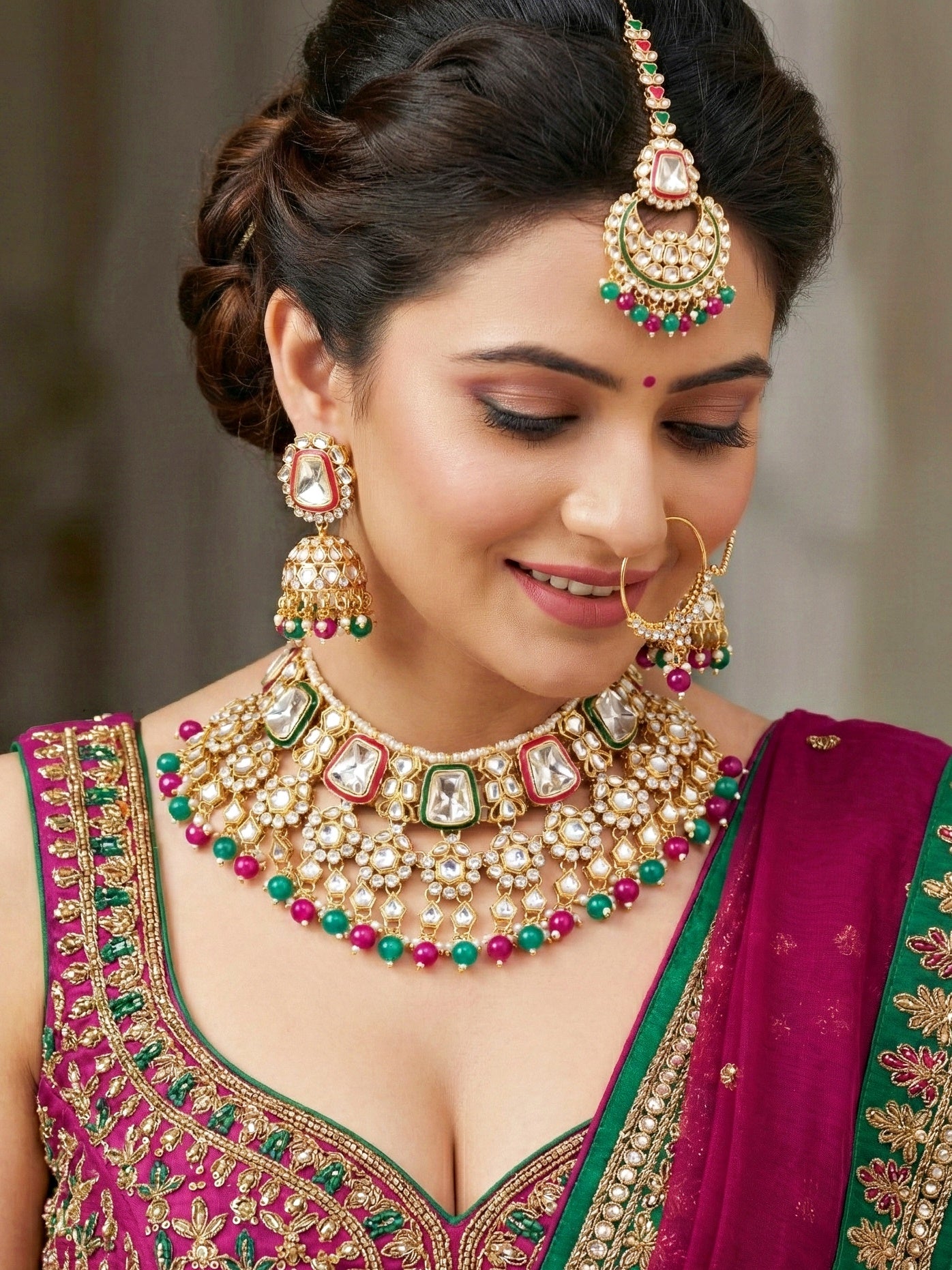 18 KT Gold Plated Magenta Green Kundan Bridal & Semi-Bridal Necklace Set with Earrings, Maang Tikka & Nath (2476-M8SK-1101-RG)