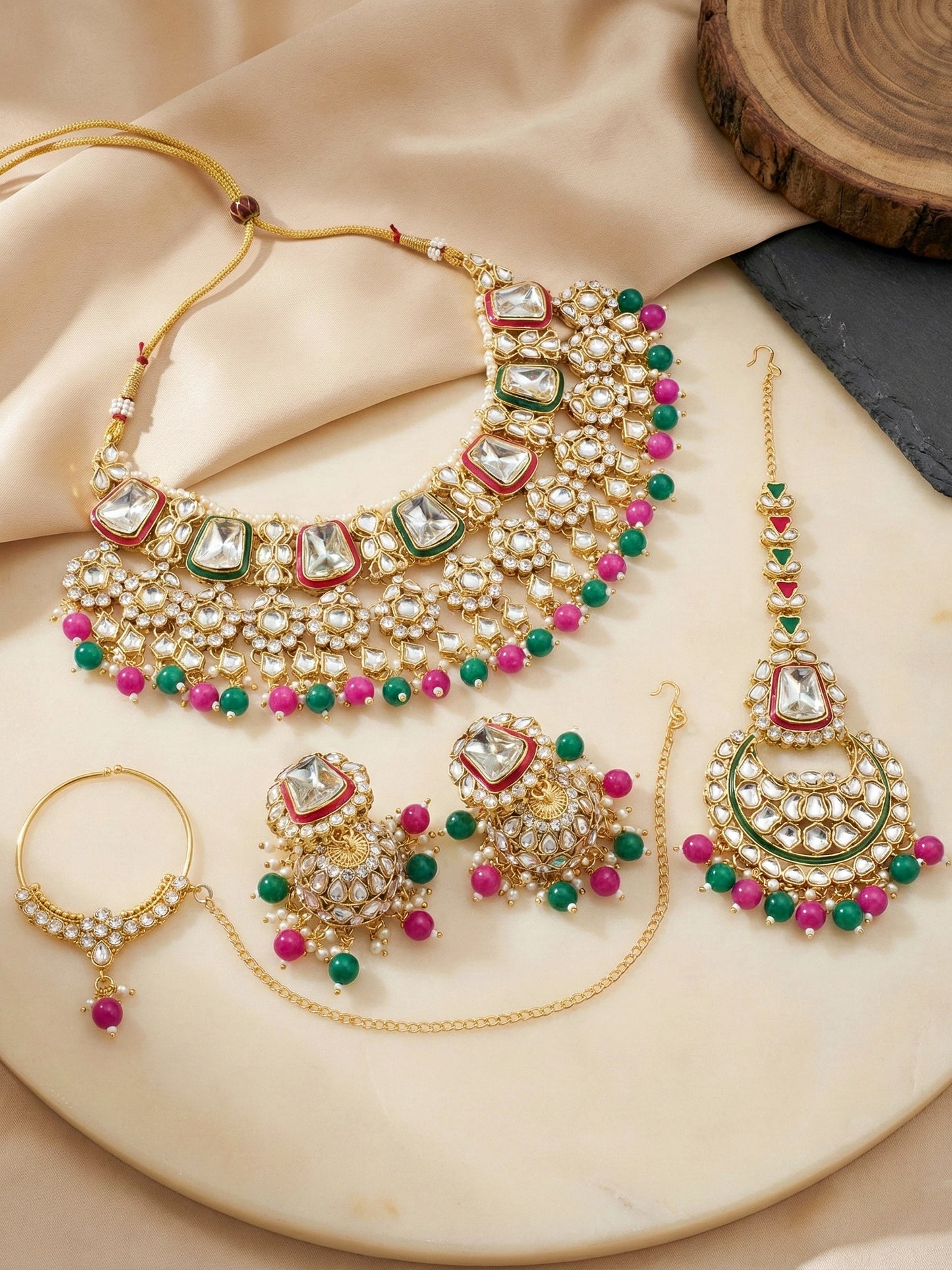 18 KT Gold Plated Magenta Green Kundan Bridal & Semi-Bridal Necklace Set with Earrings, Maang Tikka & Nath (2476-M8SK-1101-RG)