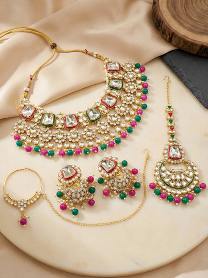 18 KT Gold Plated Magenta Green Kundan Bridal & Semi-Bridal Necklace Set with Earrings, Maang Tikka & Nath (2476-M8SK-1101-RG)