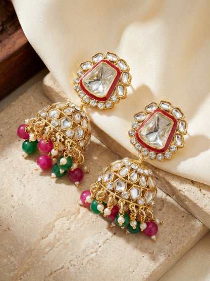 18 KT Gold Plated Magenta Green Kundan Bridal & Semi-Bridal Necklace Set with Earrings, Maang Tikka & Nath (2476-M8SK-1101-RG)