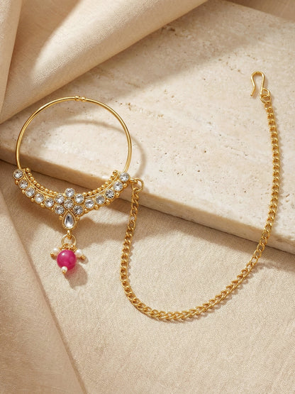 18 KT Gold Plated Magenta Green Kundan Bridal & Semi-Bridal Necklace Set with Earrings, Maang Tikka & Nath (2476-M8SK-1101-RG)
