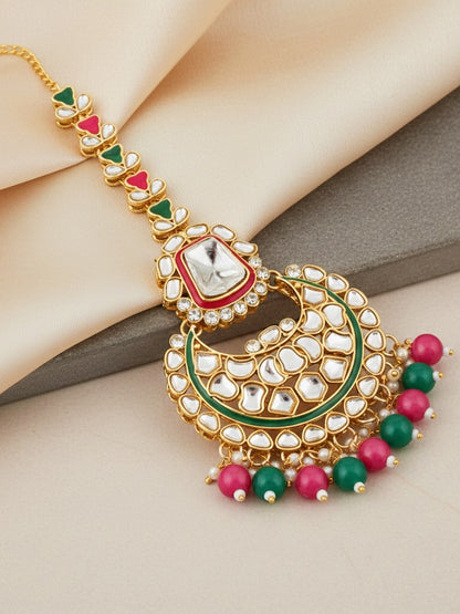 18 KT Gold Plated Magenta Green Kundan Bridal & Semi-Bridal Necklace Set with Earrings, Maang Tikka & Nath (2476-M8SK-1101-RG)