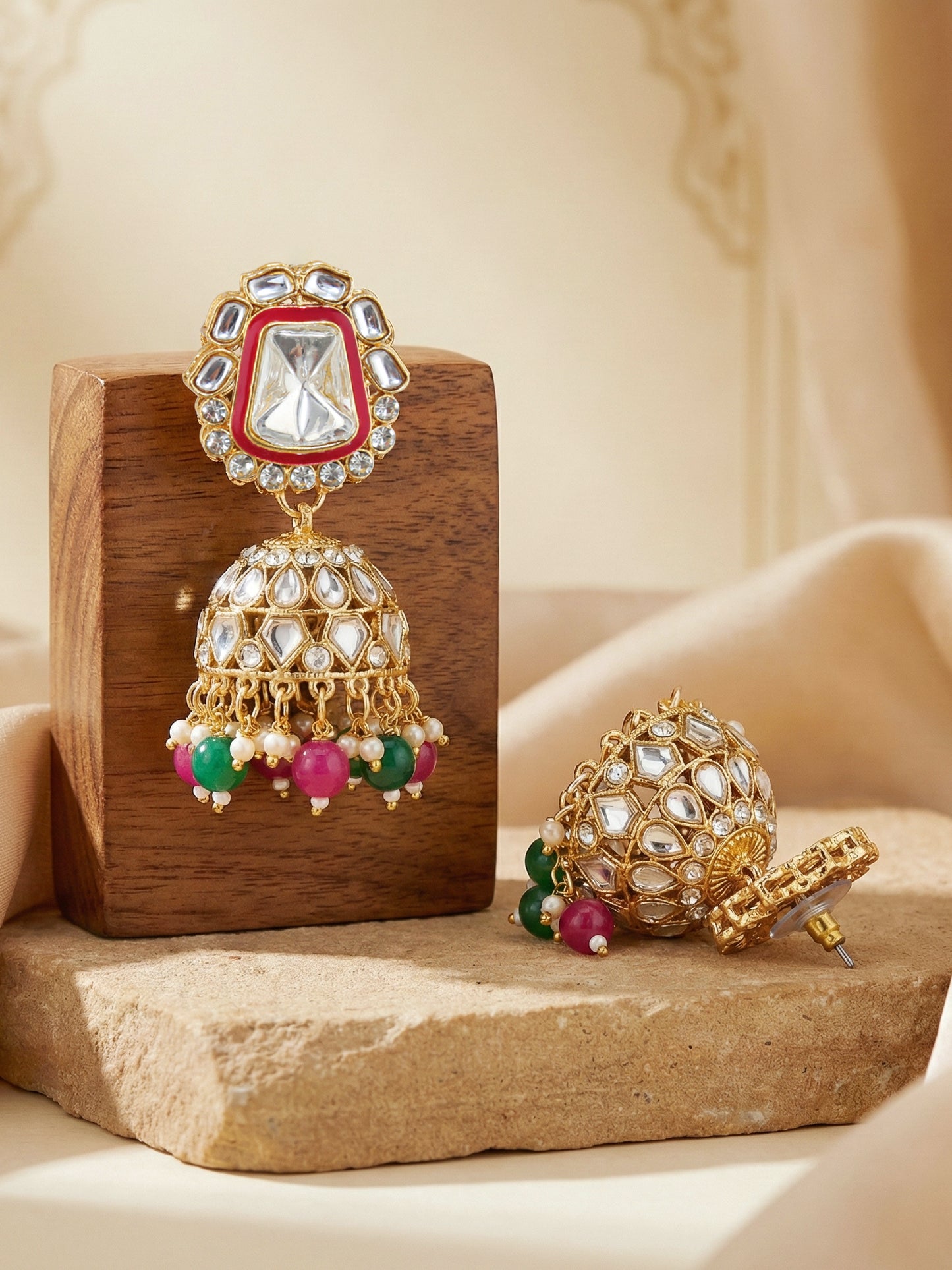 18 KT Gold Plated Magenta Green Kundan Bridal & Semi-Bridal Necklace Set with Earrings, Maang Tikka & Nath (2476-M8SK-1101-RG)