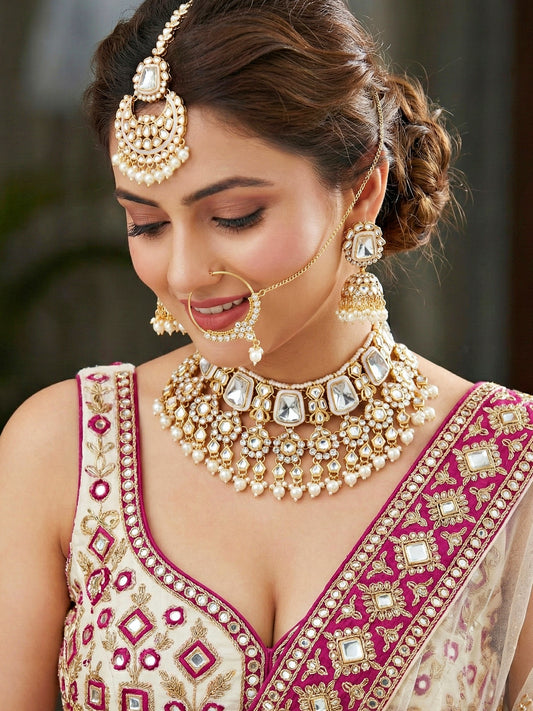 18 KT Gold Plated White Kundan Bridal & Semi-Bridal Necklace Set with Earrings, Maang Tikka & Nath (2476-M8SK-1101-W)