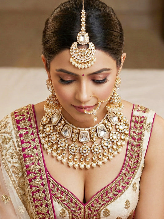 18 KT Gold Plated White Kundan Bridal & Semi-Bridal Necklace Set with Earrings, Maang Tikka & Nath (2476-M8SK-1101-W)