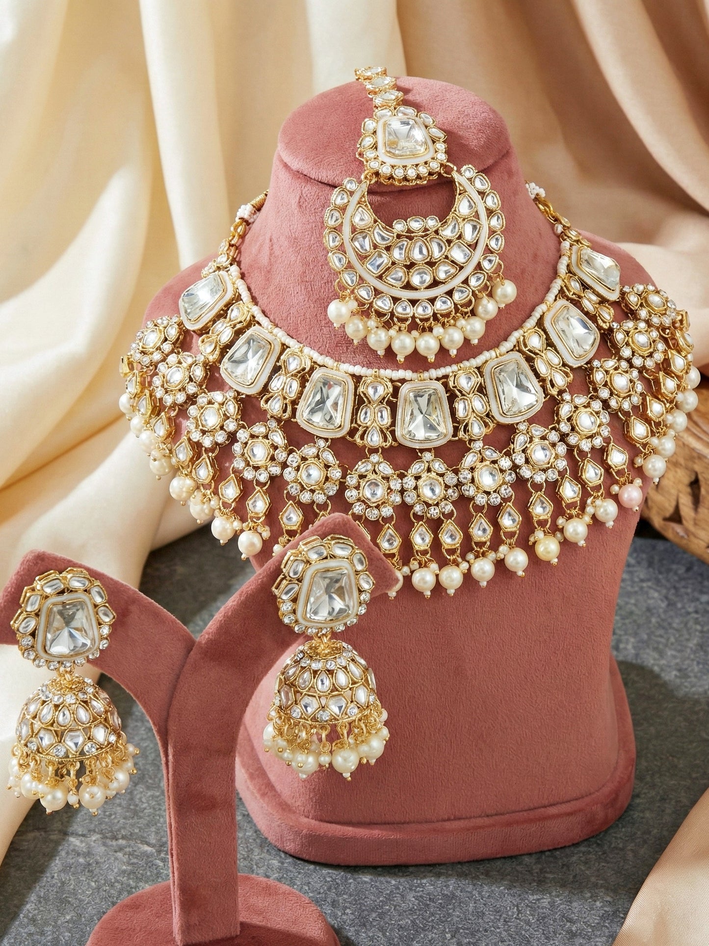 18 KT Gold Plated White Kundan Bridal & Semi-Bridal Necklace Set with Earrings, Maang Tikka & Nath (2476-M8SK-1101-W)