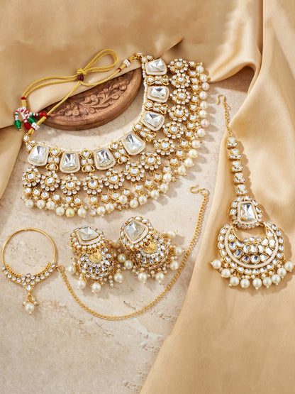 18 KT Gold Plated White Kundan Bridal & Semi-Bridal Necklace Set with Earrings, Maang Tikka & Nath (2476-M8SK-1101-W)