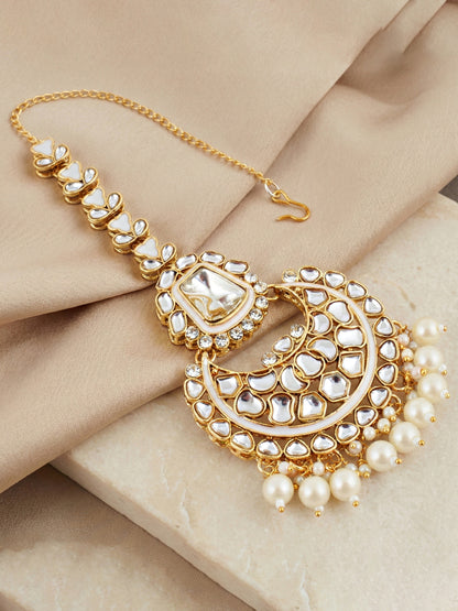 18 KT Gold Plated White Kundan Bridal & Semi-Bridal Necklace Set with Earrings, Maang Tikka & Nath (2476-M8SK-1101-W)