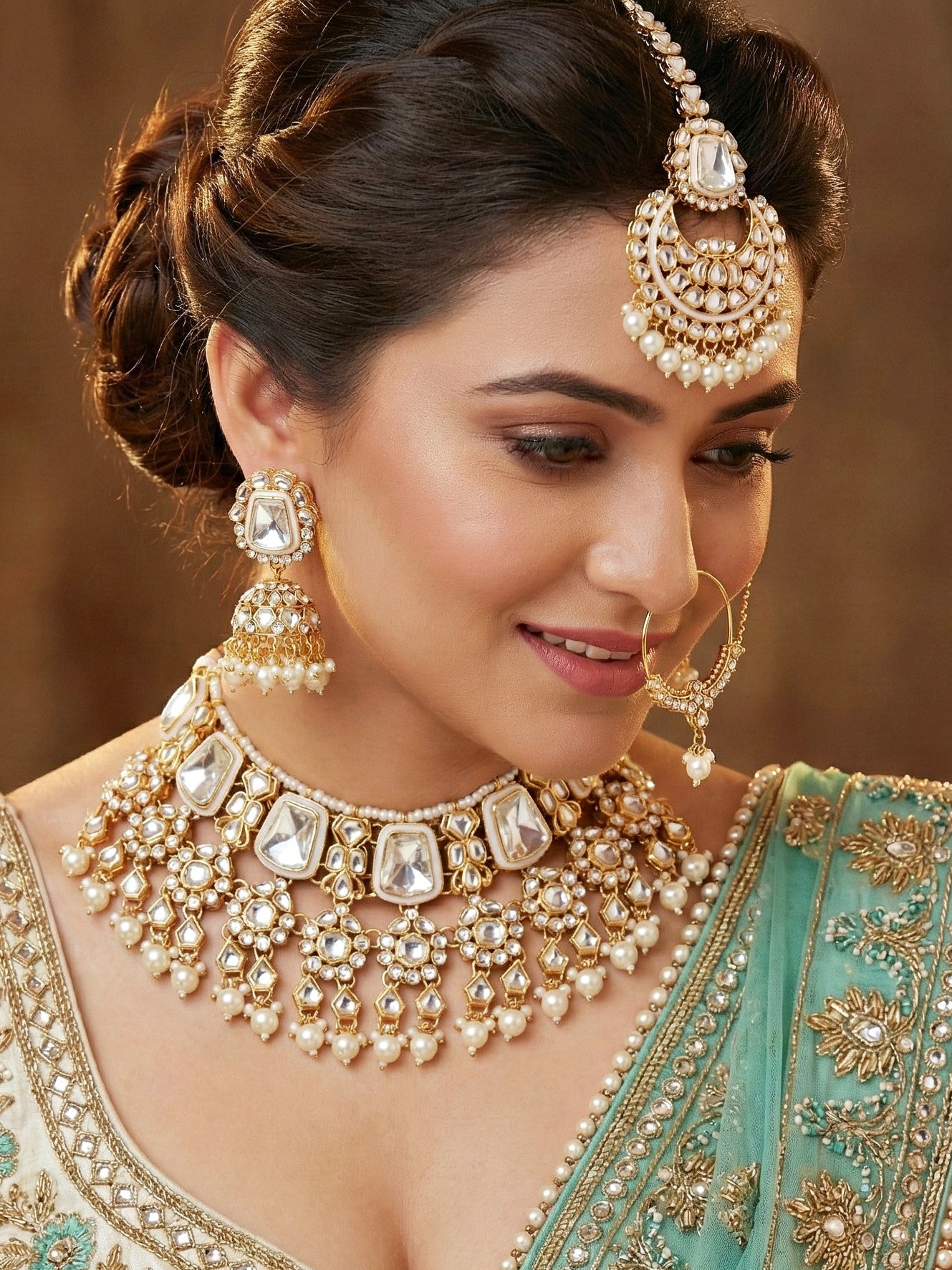 18 KT Gold Plated White Kundan Bridal & Semi-Bridal Necklace Set with Earrings, Maang Tikka & Nath (2476-M8SK-1101-W)