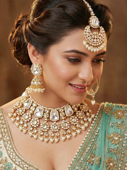 18 KT Gold Plated White Kundan Bridal & Semi-Bridal Necklace Set with Earrings, Maang Tikka & Nath (2476-M8SK-1101-W)
