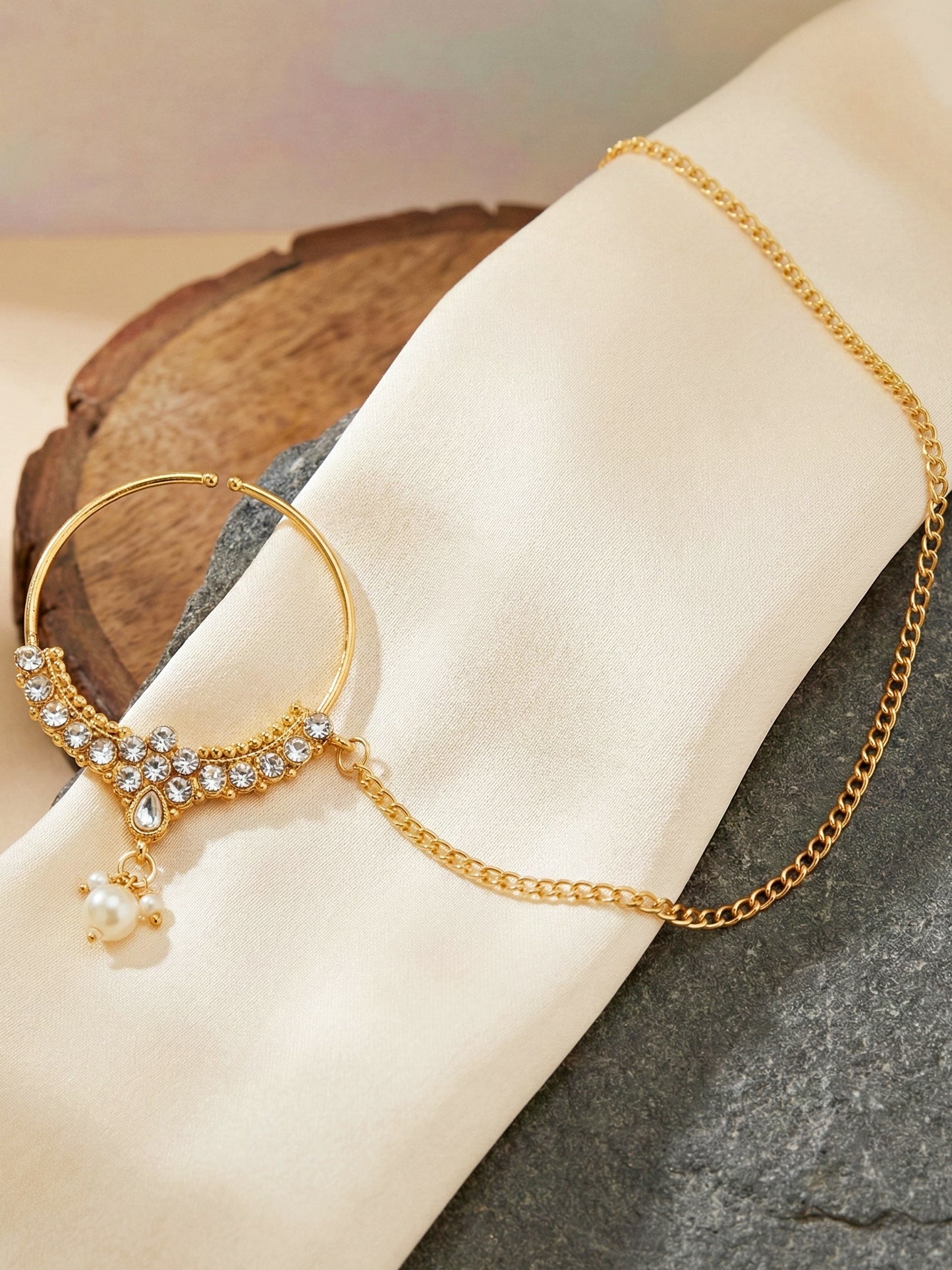 18 KT Gold Plated White Kundan Bridal & Semi-Bridal Necklace Set with Earrings, Maang Tikka & Nath (2476-M8SK-1101-W)