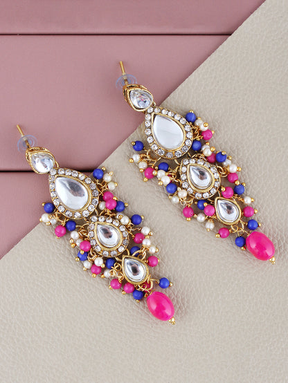 Traditional Gold Plated Kundan Stone Magenta Blue Earrings for Girls & Women