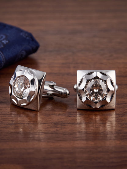 Lucky Jewellery Unique White Color Silver Plated Office Formal Shirt Suit Blazer Cufflinks with Matching Tie Pin Set Pair Set for Men (261-M4C5-DCTM42SQ-W-S)