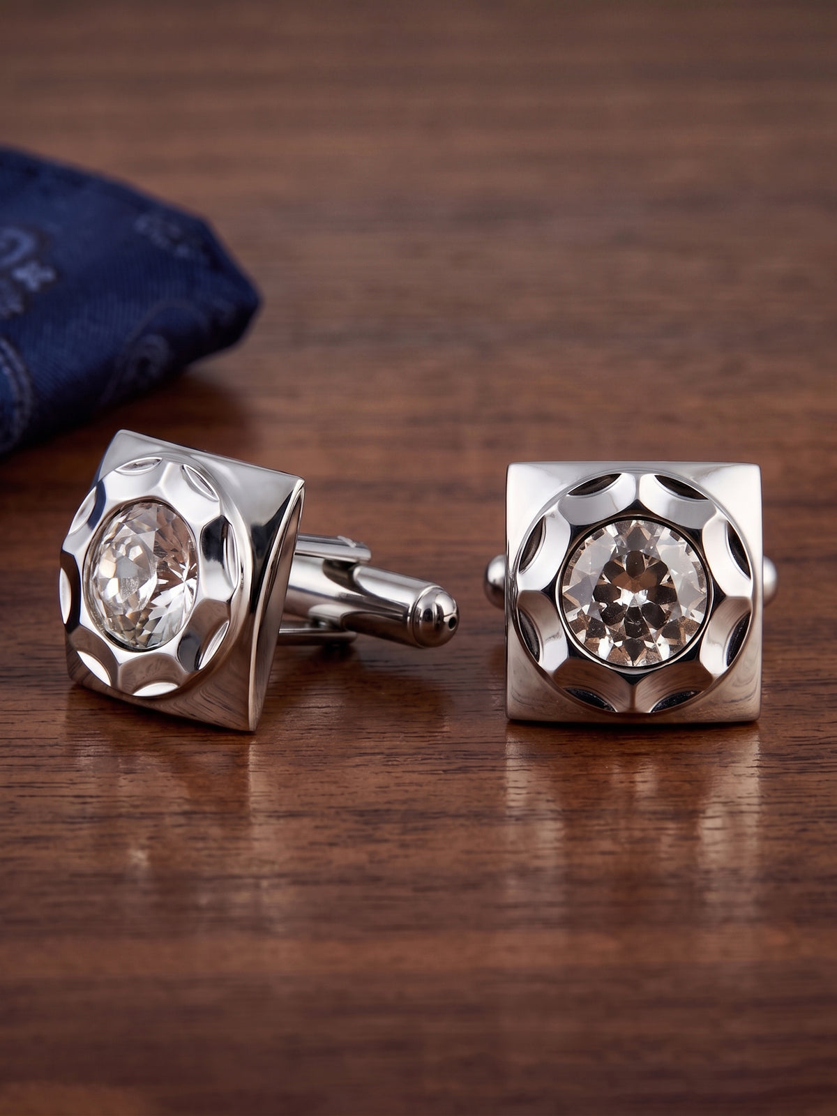 Lucky Jewellery Unique Men Jewelry White Color Stone Silver Plated Sleeve Button Formal Cuff Button Wedding Shirt Button, Suit, Blazer Cufflinks Pair Gift Set for Men (261-M4C54-DCTM42SQ-W-S)