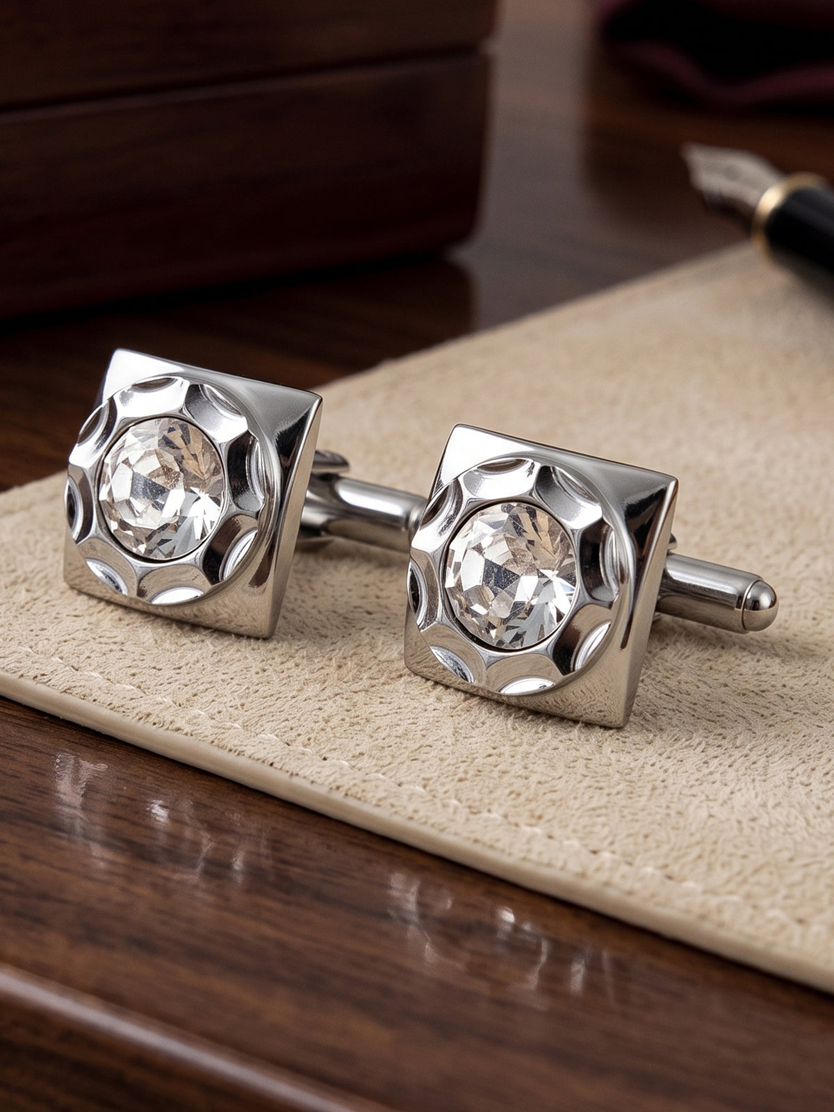 Lucky Jewellery Unique Men Jewelry White Color Stone Silver Plated Sleeve Button Formal Cuff Button Wedding Shirt Button, Suit, Blazer Cufflinks Pair Gift Set for Men (261-M4C54-DCTM42SQ-W-S)