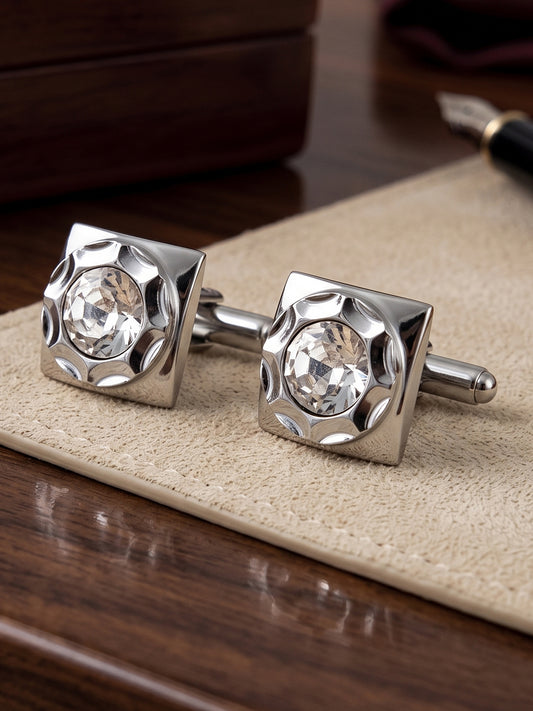 Lucky Jewellery Unique Men Jewelry White Color Stone Silver Plated Sleeve Button Formal Cuff Button Wedding Shirt Button, Suit, Blazer Cufflinks Pair Gift Set for Men (261-M4C54-DCTM42SQ-W-S)