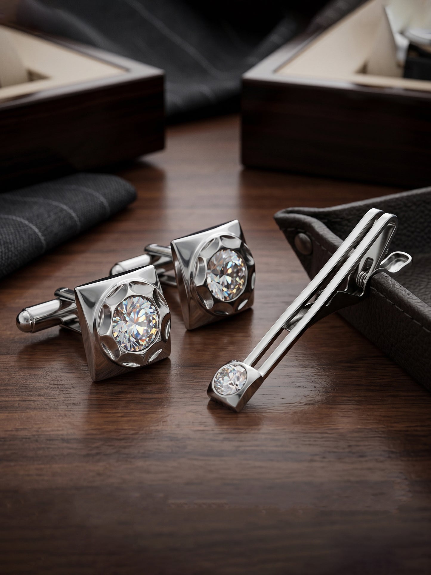 Lucky Jewellery Unique White Color Silver Plated Office Formal Shirt Suit Blazer Cufflinks with Matching Tie Pin Set Pair Set for Men (261-M4C5-DCTM42SQ-W-S)