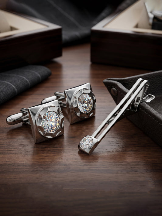 Lucky Jewellery Unique White Color Silver Plated Office Formal Shirt Suit Blazer Cufflinks with Matching Tie Pin Set Pair Set for Men (261-M4C5-DCTM42SQ-W-S)
