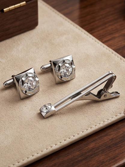 Lucky Jewellery Unique White Color Silver Plated Office Formal Shirt Suit Blazer Cufflinks with Matching Tie Pin Set Pair Set for Men (261-M4C5-DCTM42SQ-W-S)