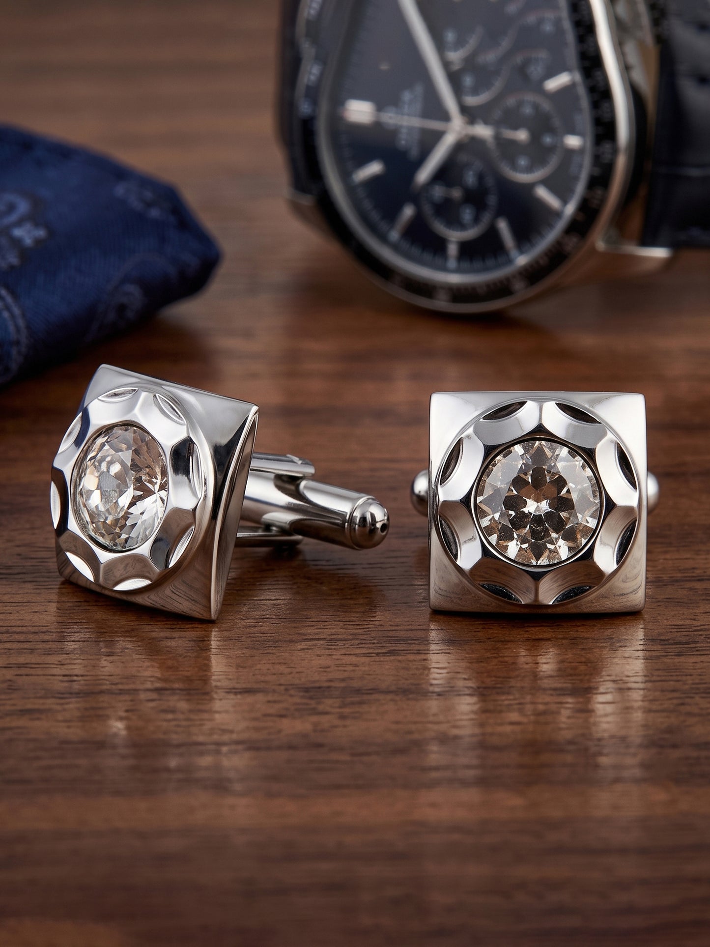 Lucky Jewellery Unique Men Jewelry White Color Stone Silver Plated Sleeve Button Formal Cuff Button Wedding Shirt Button, Suit, Blazer Cufflinks Pair Gift Set for Men (261-M4C54-DCTM42SQ-W-S)