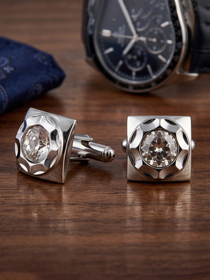 Lucky Jewellery Unique Men Jewelry White Color Stone Silver Plated Sleeve Button Formal Cuff Button Wedding Shirt Button, Suit, Blazer Cufflinks Pair Gift Set for Men (261-M4C54-DCTM42SQ-W-S)