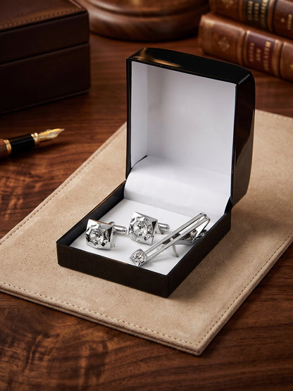 Lucky Jewellery Unique White Color Silver Plated Office Formal Shirt Suit Blazer Cufflinks with Matching Tie Pin Set Pair Set for Men (261-M4C5-DCTM42SQ-W-S)