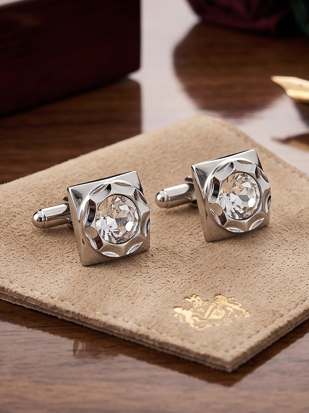 Lucky Jewellery Unique Men Jewelry White Color Stone Silver Plated Sleeve Button Formal Cuff Button Wedding Shirt Button, Suit, Blazer Cufflinks Pair Gift Set for Men (261-M4C54-DCTM42SQ-W-S)