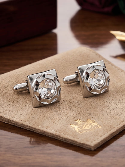 Lucky Jewellery Unique Men Jewelry White Color Stone Silver Plated Sleeve Button Formal Cuff Button Wedding Shirt Button, Suit, Blazer Cufflinks Pair Gift Set for Men (261-M4C54-DCTM42SQ-W-S)