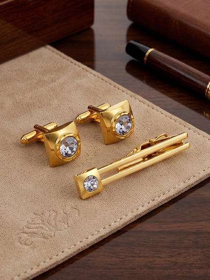 Lucky Jewellery Unique Men Jewelry White Stone Gold Plated Sleeve Button Formal Cuff Button Wedding Shirt Button, Suit, Blazer Cufflinks with Matching Tie Pin Gift Set For Men (261-M4C5-DCTM42SQ-W)