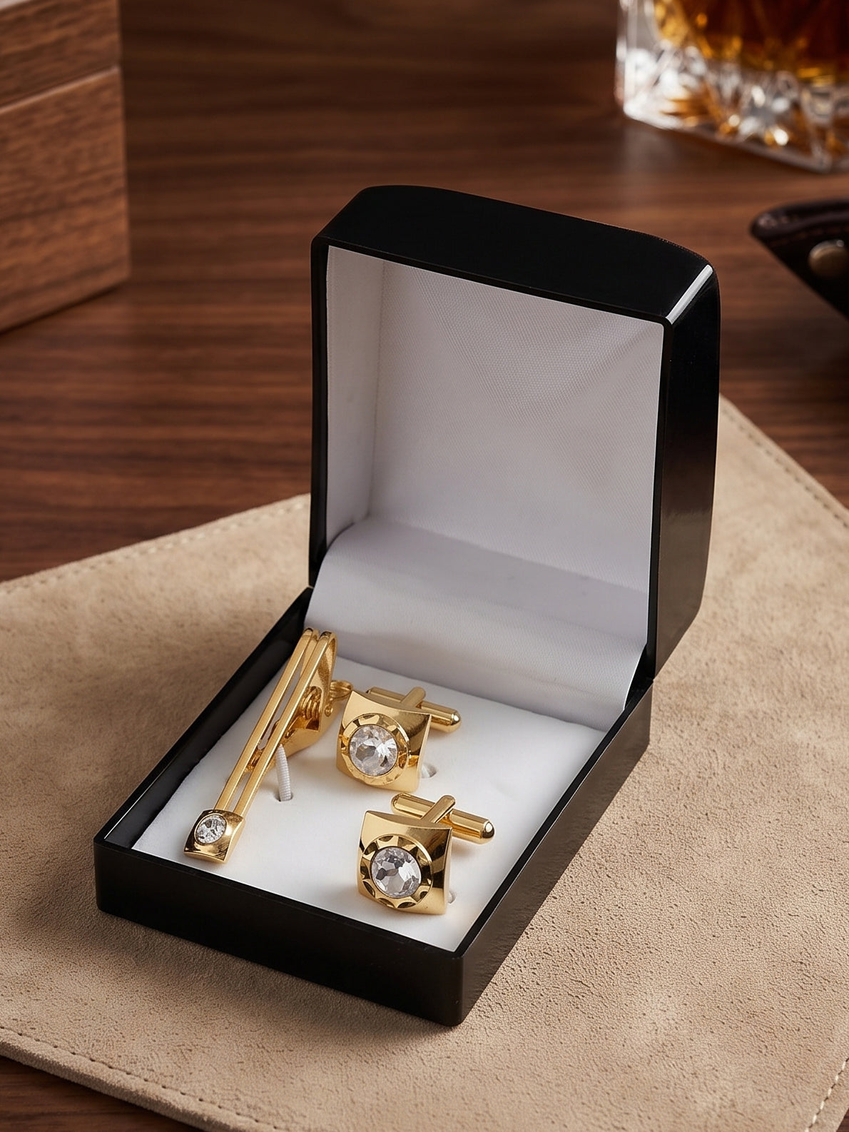 Lucky Jewellery Unique Men Jewelry White Stone Gold Plated Sleeve Button Formal Cuff Button Wedding Shirt Button, Suit, Blazer Cufflinks with Matching Tie Pin Gift Set For Men (261-M4C5-DCTM42SQ-W)