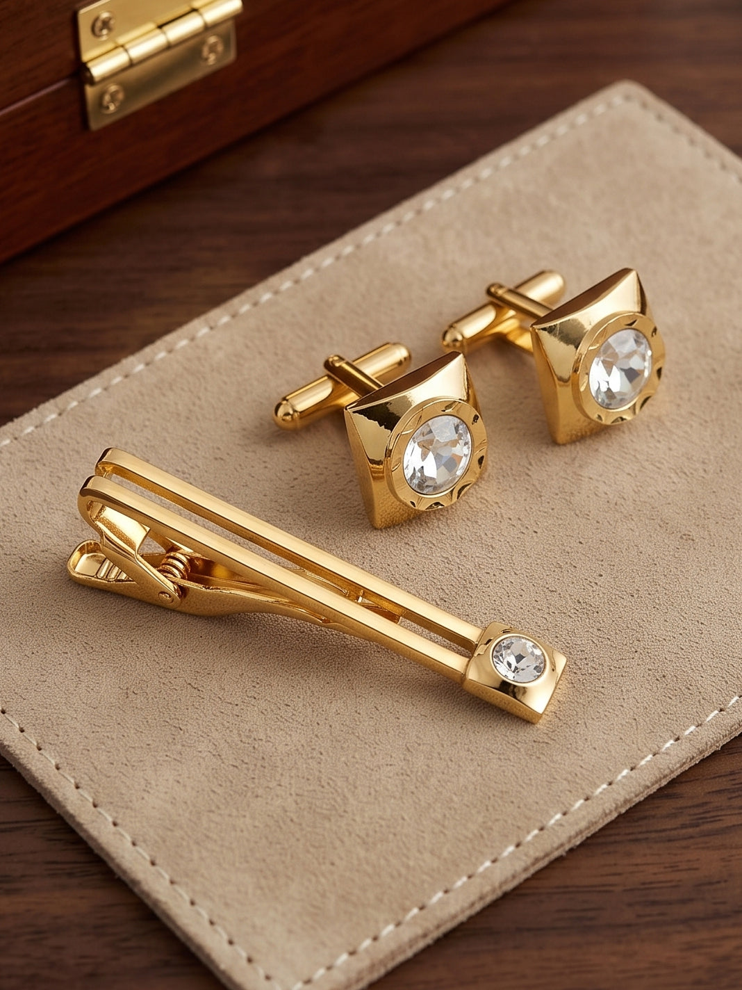 Lucky Jewellery Unique Men Jewelry White Stone Gold Plated Sleeve Button Formal Cuff Button Wedding Shirt Button, Suit, Blazer Cufflinks with Matching Tie Pin Gift Set For Men (261-M4C5-DCTM42SQ-W)