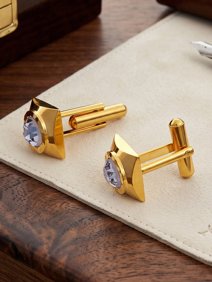 Lucky Jewellery Unique Men Jewelry White Color Stone Gold Plated Sleeve Button Formal Cuff Button Wedding Shirt Button, Suit, Blazer Cufflinks Pair Gift Set for Men (261-M4C54-DCTM42SQ-W)