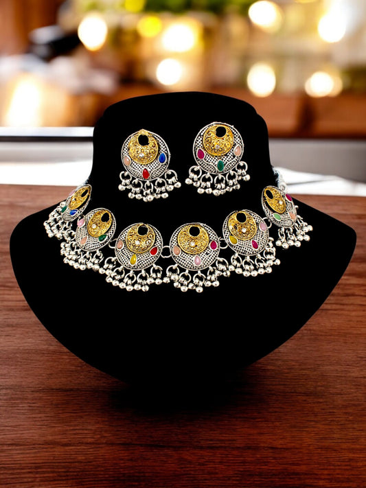 Trendy Oxidised Navratri Jewellery Traditional Choker Necklace and Earrings with Tassled Ghungroo (264-TSO-2303-MT)
