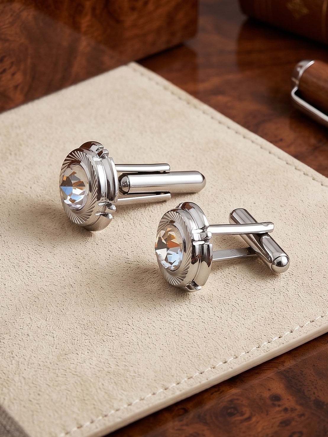 Lucky Jewellery Unique Men Jewelry Stone Silver Plated Sleeve Button Formal Cuff Button Wedding Shirt Button, Suit, Blazer Cufflinks with Matching Tie Pin Gift Set For Men (268-M4C5-STDLM42WTRD-W-S)