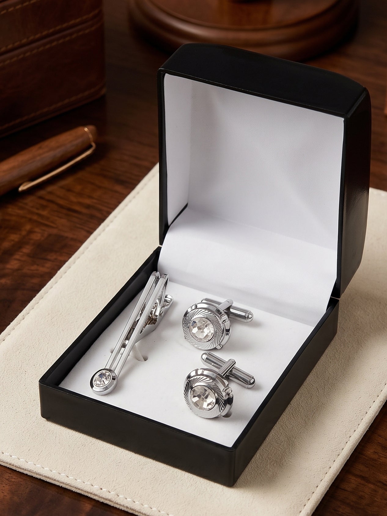 Lucky Jewellery Unique Men Jewelry Stone Silver Plated Sleeve Button Formal Cuff Button Wedding Shirt Button, Suit, Blazer Cufflinks with Matching Tie Pin Gift Set For Men (268-M4C5-STDLM42WTRD-W-S)